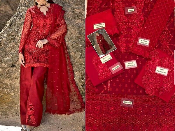 Red Heavy Embroidered Net Suit in pakistan sanwarna.pk
