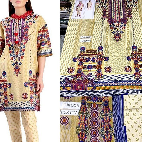Embroidered 3 Piece Lawn Suit With Chiffon Dupatta in pakistan sanwarna.pk