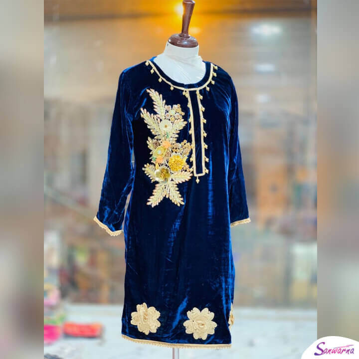 Embroidered Velvet Kurti in Blue Design 2021 sanwarna.pk